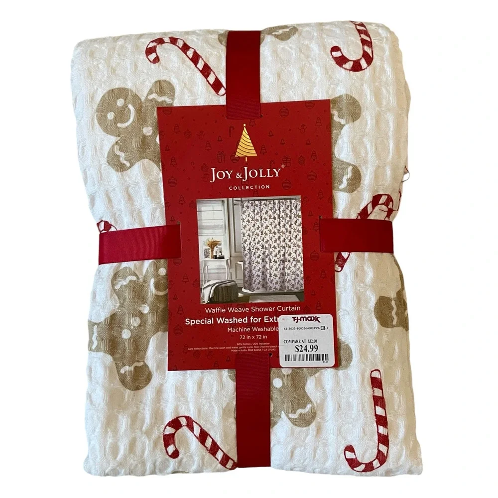 Joy & Jolly GINGERBREAD Shower Curtain 72x72 Christmas Candy Cane Waffle Weave